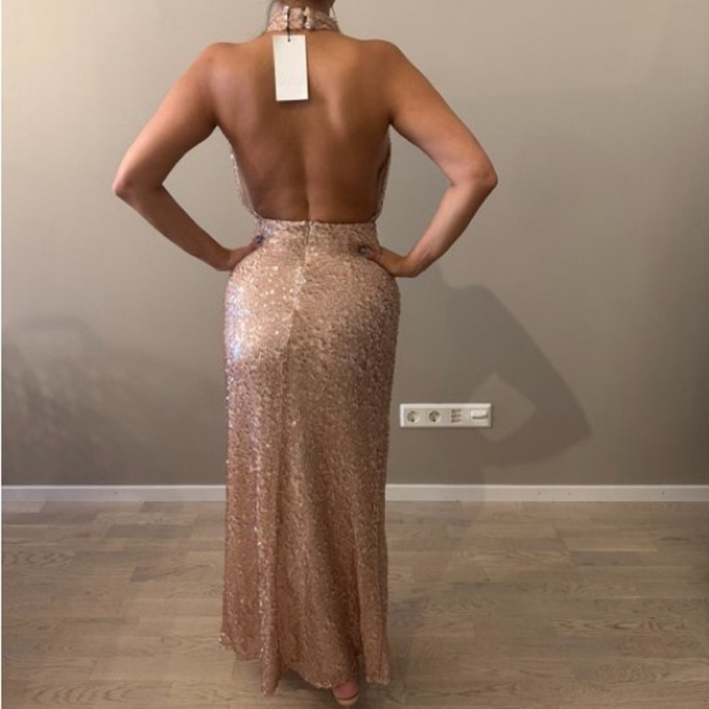 Zara NWT light pink & beige sequin halter top cowl neck formal maxi dress - Picture 4 of 15